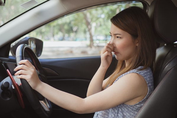 A woman is seated in the driver’s seat of a car, holding the steering wheel with her right hand while pinching her nose with her left hand, appearing bothered by an unpleasant smell. The car's window is up, and trees are visible outside.
