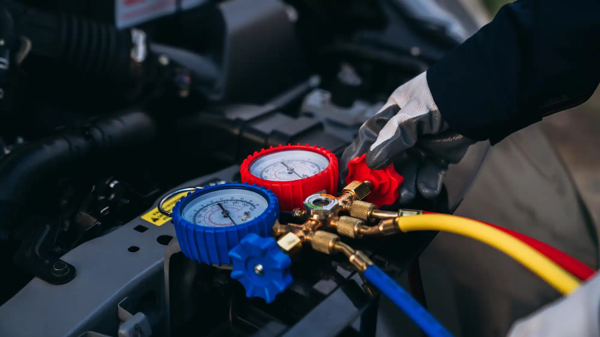 Close-up of an automotive technician checking a vehicle's A/C system with manifold gauges during professional air conditioning diagnostics and maintenance.